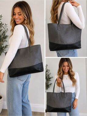 Amen Leather Gray & Black Leather Tote Shoulder Bag Large Colorblock Purse